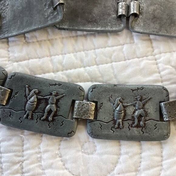 One of the kind! Vintage Pewter Boho Belt Raised Dancing Scene Links 34” main image 9